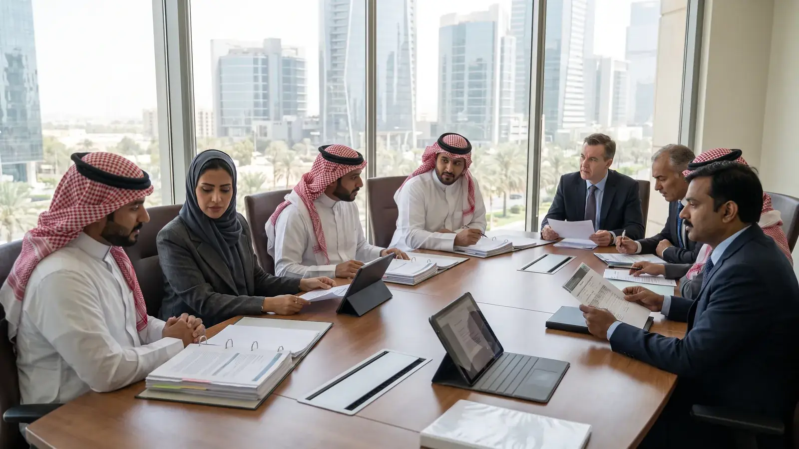 A board and advisers go through binders and documents around a large table