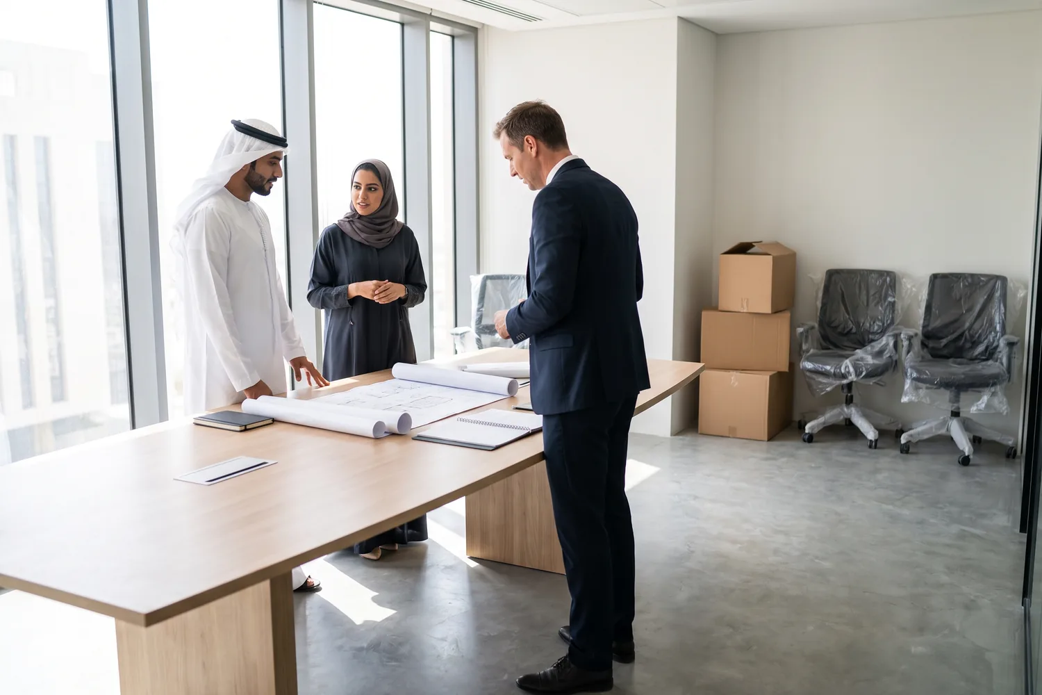 Three colleagues review plans at a new table in a freshly fitted-out regional headquarters, boxes still unpacked