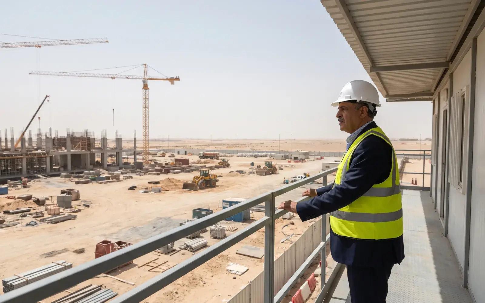 Executive in a hard hat and hi-vis looks over a large construction site from a site-office balcony